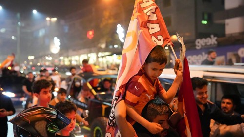 Thousands of Galatasaray fans gather in the streets to celebrate the club winning the Turkish Super