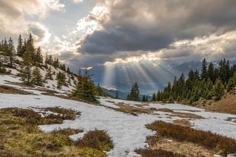 Evening at Loassattel, in spring, the Inn Valley and the Karwendel Mountains in the back,