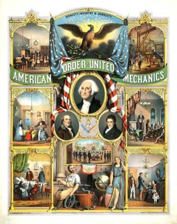 A chromolithograph for the American Order of United Mechanics, circa 1870, printed by Strobridge &