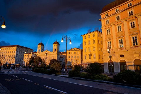 Magnificent buildings and palazzos on the Riva del Mandracchio seaside promenade in the evening