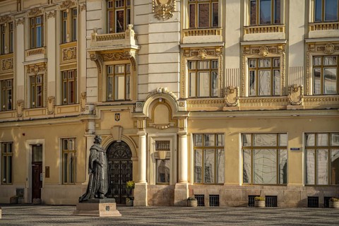 Samuel of Brukenthal statue in front of Sibiu City Hall on the Pia?a Mare Grand Ring in Sibiu or