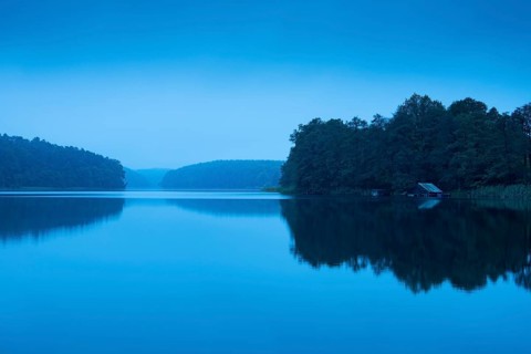 Dawn at blue hour at the lake, Schmalen Luzin, Feldberger Seenlandschaft, Mecklenburg-Western