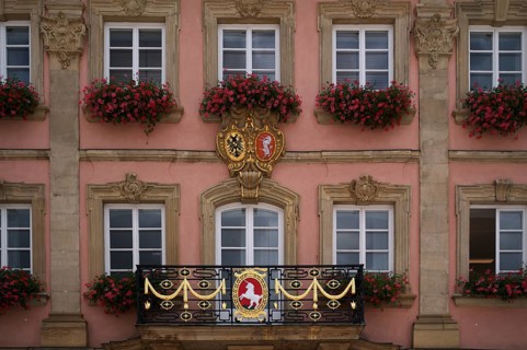 Balcony with unicorn in city coat of arms Town Hall, Schwäbisch Gmünd, Baden-Württemberg, Germany