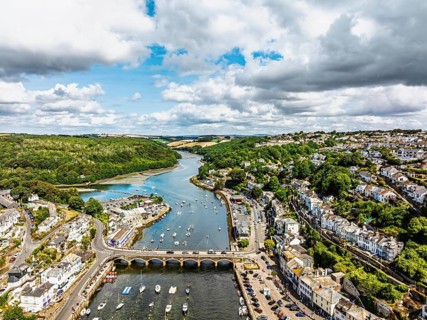 LOOE over River Looe from a drone, Cornwall, England, United Kingdom