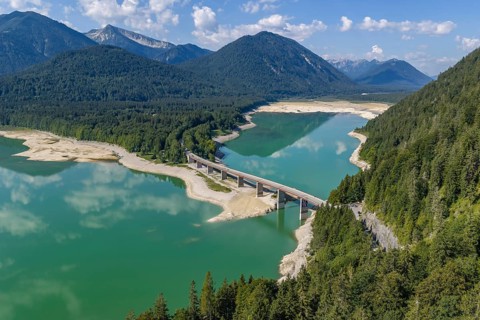 Mountain lake, mountains, reflection, sunny, summer, drought, low water, drought, bridge, road,