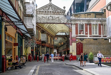 Entrance of Leadenhall Market, Victorian era market hall, City of London, London, England, Great