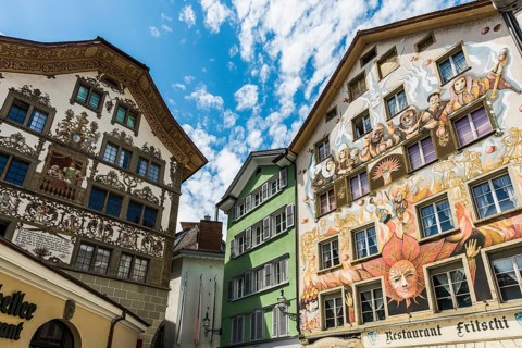 Historic buildings with painted façade, Old Town, Lucerne, Lake Lucerne, Canton of Lucerne,