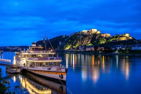 The Ehrenbreitstein Fortress, on the right side of the Rhine, opposite the Deutsches Eck, evening