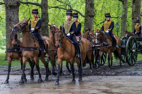 Mounted riders of the King's Troop Royal Horse Artillery lead a team of bay horses along a muddy