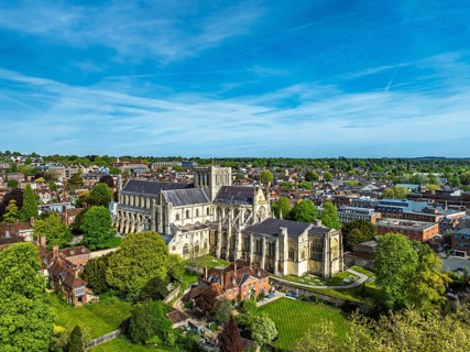 Winchester Cathedral from a drone, Winchester, Hampshire, England, United Kingdom