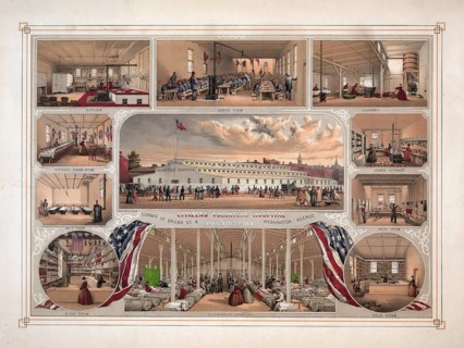 Lithograph of the Citizens Volunteer Hospital on the corner of Broad Street and Washington Avenue