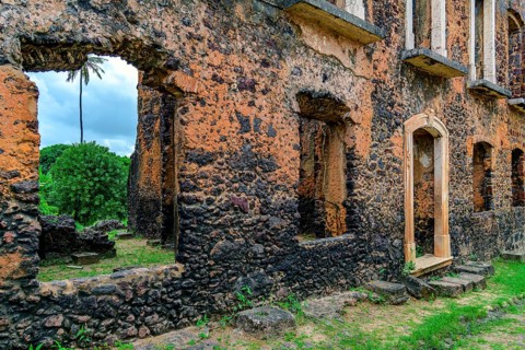 Doors and windows in the historic stone ruins in the city of Alcantara, Maranhao, Alcantara,