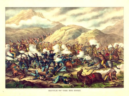 Lithograph Battle of the Big Horn depiction of Custer's last stand during the Battle of Little