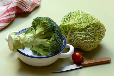Savoy cabbage, and broccoli in pot