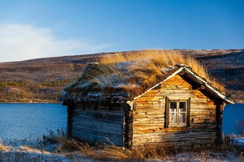 Europe, Finland, Lapland, cottage in Utsjoki, Saami Village, wooden hut, grass roof, Saami Village,