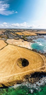 Top Down Panorama of Trevone Round Hole over Trevone Bay from a drone, Trevone, Padstow, Cornwall,