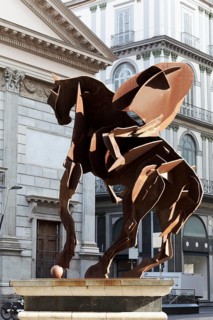 Il Cavaliere di Toledo, corten steel equestrian statue by William Kentridge on Via Toledo, Naples,