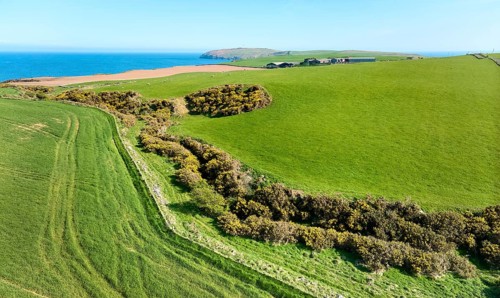 Aerial photo of the agricultural pasture landscape at the atlantic coast on the Mull of Galloway,