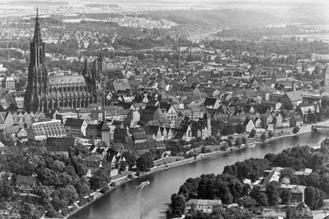Historical aerial view of Ulm Danube with Münster from 1961, Ulm, Baden-Württemberg, Germany