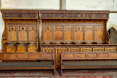 The late gothic choir stalls of St. Margaret's Church in Medias or Mediasch, Transylvania, Romania