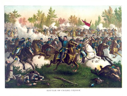 Lithograph of the Battle of Cedar Creek (19 October 1864) . In the centre is Union General Philip