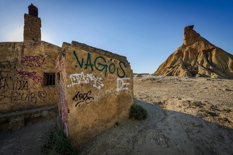 The Castil de Tierra monolith with shelter in the Bardenas Reales Natural Park, Navarra, Spain
