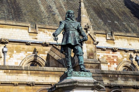 Hamo Thornycroft's 1899 bronze statue of Lord Protector Oliver Cromwell stands outside Westminster