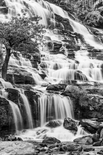 Mae Ya waterfall with cascading flowing water framed by lush tropical vegetation, black and white