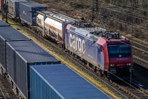 Container trains in the freight yard, so-called installation tracks in Duisburg-Rheinhausen,
