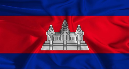 Colorful flag of Cambodia with a silky fabric texture waving. Realistic Cambodia flag waving