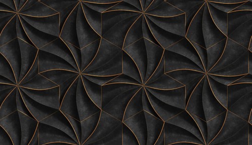 3D expensive wallpaper of architectural modules is black and brown with red gold frayed edges.