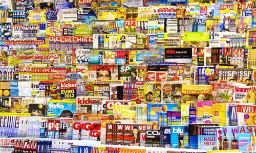 Lots of different magazines in a bookstore. Diversity of Opinion and Freedom of the Press, Vienna,