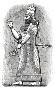 Illustration shows an Assyrian king whose depiction is based on ancient reliefs from Nimrud. The