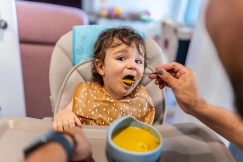 Baby boy in a high chair actively eating a spoonful of healthy vegetable puree, receiving food from