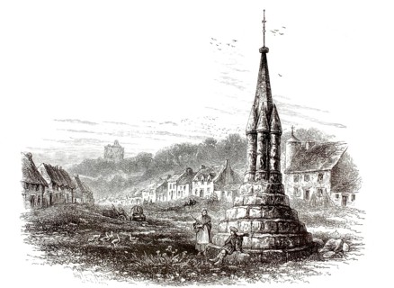 Norham Cross in Northumberland, England, around 1870-1890, locals near the medieval market cross,