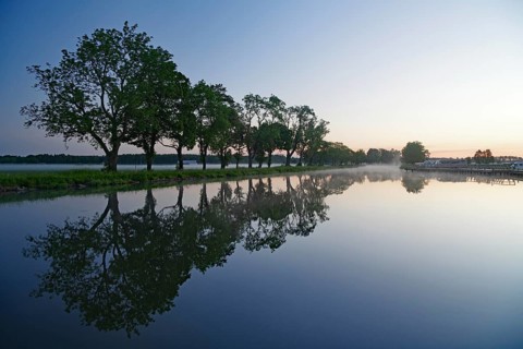 Trees reflecting on the canal in still water at sunrise, Göta Canal, Töraboda, Västra Götalands