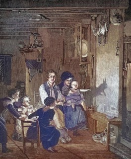Scene in which a family is gathered in a simple hut in the evening to enjoy playing shadows on the