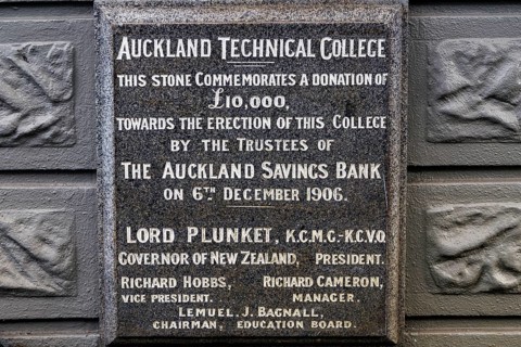 Foundation stone plaque for Auckland Technical College commemorating 1906 donation by Auckland