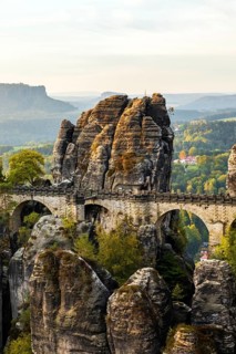 Saxony, Saxon Switzerland, Germany, autumn leaves, rocks, autumn, sandstone, Bastei bridge, sunset,