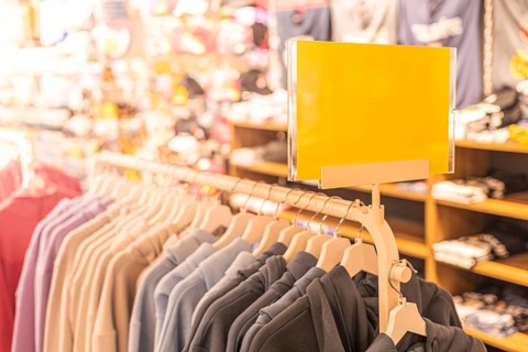Clothing rack with various shirts displayed in a retail store. Bright lighting enhances the vibrant