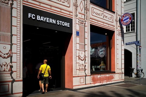 FC Bayern World with Flagship Store, FCB Logo, Sports Merchandise Store, Weinstraße, Munich,