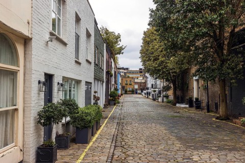 A view along the cobbled length of Montagu Mews West, a former coach house mews in Marylebone,