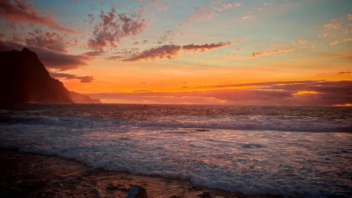 Colourful sunset over the sea with mountains and dramatic sky, Santo Antao, Cabo Verde, Cape Verde