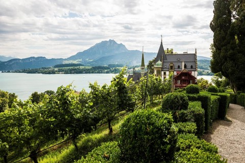 Picturesque castle with vineyard on a lake in the mountains, Meggenhorn Castle, Meggen, Lake