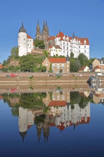 Cityscape and castle hill with Albrechtsburg and cathedral, reflection in the river Elbe, Meissen,
