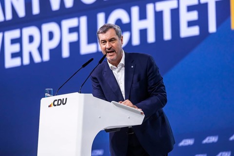 38th Federal Party Congress of the CDU of Germany in Stuttgart. Greetings from Markus Söder, party