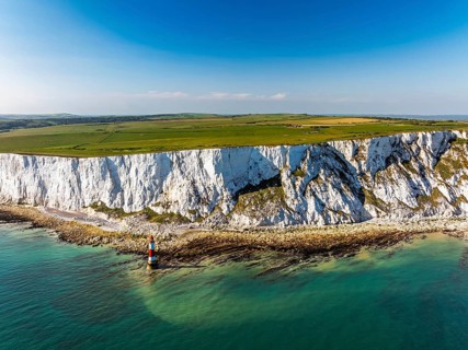 Beachy Head Lighthouse from a drone, Beachy Head Cliffs, English Channel, East Sussex, England,