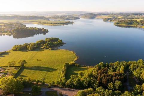 Aerial view of Pöhl dam in morning light, Vogtland, Saxony, Germany