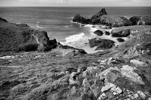Coastal landscape, coast, rock formations, rocks, sandy beach, beach, sea, Kynance Cove, Mount's