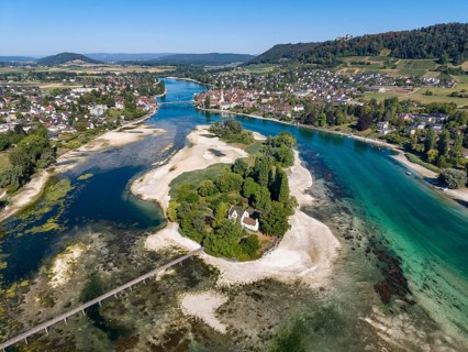 Aerial view of the Werd archipelago in the westernmost part of Lake Constance, historic low level